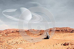 Cargo spacecraft on surface of Mars planet. Elements of this image furnished by NASA