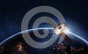 Cargo spaceship in the space on orbit of Earth planet