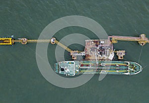 Cargo tanker ship marine vessel docking and oversea berth mooring platform for petroleum and crude oil industry from top view