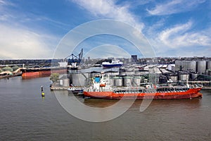 Cargo tanker vessel in sea port Rotterdam, Netherlands