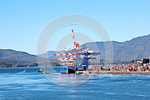 Cargo terminal for loading bulk cargoes woodpellets and containers by coastal cranes. Port Prince Ruppert BC, Canada. photo