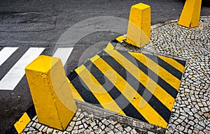 The cargo terminal in the old Galeao airport and striped markings on the floor and yellow columns. Rio de Janeiro, Brazil