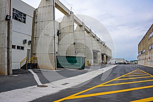 The cargo terminal in the old Galeao airport and yellow marking on the floor. Rio de Janeiro, Brazil