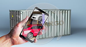 Cargo tracking concept delivery of cars from auctions Cars loaded into a shipping container 3d render image