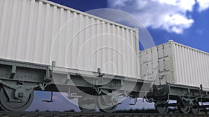 Cargo train with blank white containers. Railway transportation. 3d rendering