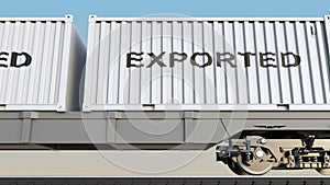 Cargo train and containers with EXPORTED caption. Railway transportation. 3D rendering photo