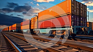 Cargo train. Freight train with cargo containers. Train wagons carrying cargo containers for shipping companies.
