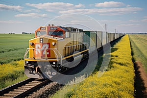 Cargo train. Freight train with cargo containers. Train wagons carrying cargo containers for shipping companies.