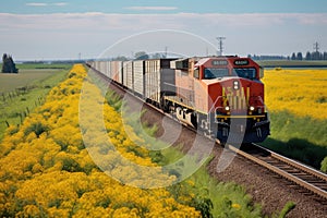 Cargo train. Freight train with cargo containers. Train wagons carrying cargo containers for shipping companies.