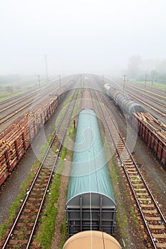 Cargo train platform with container, railway