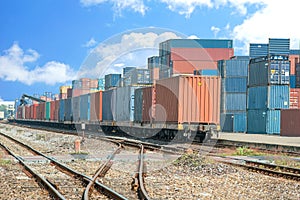 Cargo train platform with freight train container at depot
