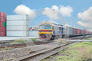 Cargo train platform with freight train container at depot
