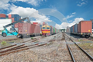 Cargo train platform with freight train container at depot