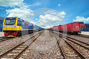 Cargo train platform with freight train container at depot