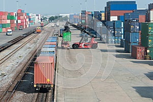 Cargo train platform with freight train container at depot in po