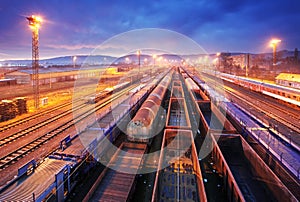 Cargo train platform at night - Freight trasportation