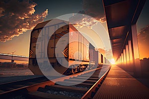 Cargo train platform at sunset with container