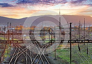 Cargo Train platform at sunset. Railroad