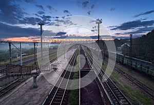 Cargo train platform at sunset. Railroad in Ukraine. Railway