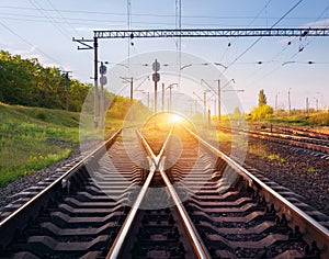 Cargo train platform at sunset. Railroad in Ukraine. Railway