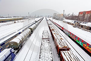 Cargo train platform at winter, railway - Freight tranportation