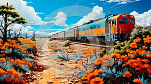 cargo train traversing through different landscapes, passing borders and crossing continents, embodying the