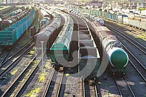 Cargo train wagoon platform at sunset with container. photo