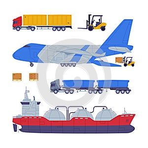 Cargo Transport with Truck, Plane and Ship as Freight Delivery Logistics Service Vector Illustration Set