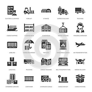 Cargo transportation flat glyph icons Trucking, express delivery, logistics, shipping, customs , package, tracking