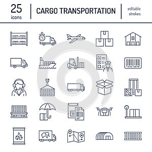 Cargo transportation flat line icons. Trucking, express delivery, logistics, shipping, customs clearance, cargoes