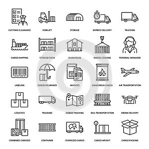 Cargo transportation flat line icons. Trucking, express delivery, logistics, shipping, customs clearance, cargoes