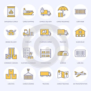 Cargo transportation flat line icons. Trucking, express delivery, logistics, shipping, customs clearance, cargoes