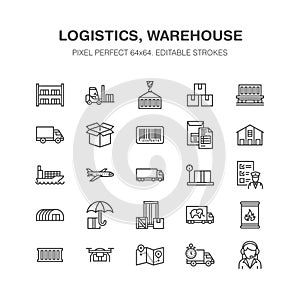 Cargo transportation flat line icons Trucking, express delivery, logistics, shipping, customs clearance, package