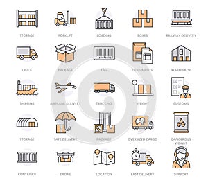 Cargo transportation flat line icons. Trucking, express delivery, logistics, shipping, customs clearance, tracking