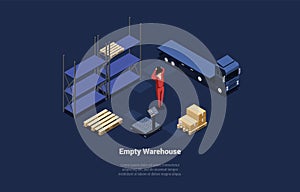 Cargo Transportation Gloal Eonomic And Commodity Crisis, Import, Export Distribution. Warehouse With Empty Rack, Manager