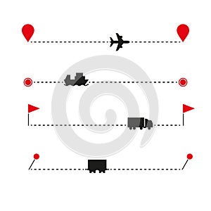 Cargo transportation icon set and route template