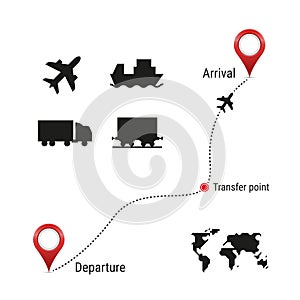 Cargo transportation icon set and route template