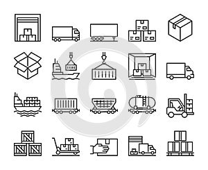 Cargo transportation icons. Trucking industry line icon set. Editable Stroke.