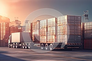 Cargo transportation and import-export commercial logistic concept - container truck with freight cargo ship at sunset sky
