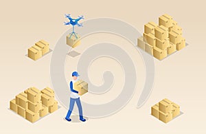 Cargo transportation isometric vector illustrations set. Man and machine labor comparison, contemporary and old