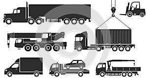 Cargo transportation and lifting machines. Collection of vector icons of construction and material handling equipment: crane,