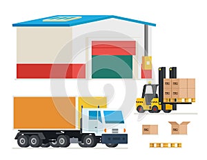 Cargo transportation. Loading and unloading trucks vector illustration
