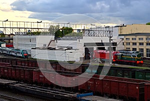 Cargo transportation by railway, sorting freight railway station