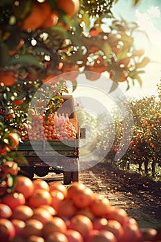 Cargo truck carrying bottles with grapefruit juice in an orchard.