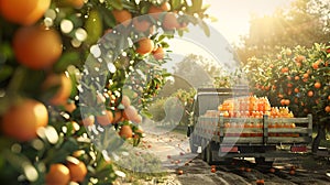 Cargo truck carrying bottles with grapefruit juice in an orchard.