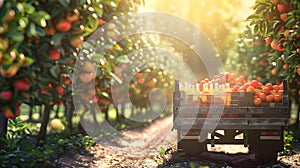 Cargo truck carrying bottles with grapefruit juice in an orchard with sunset.