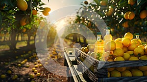 Cargo truck carrying bottles with lemon juice in an orchard.