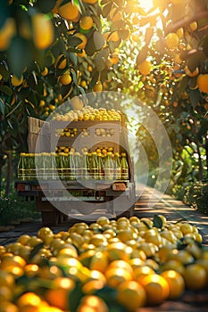 Cargo truck carrying bottles with lemon juice in an orchard.
