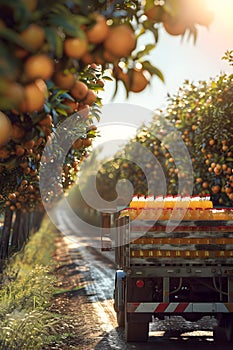 Cargo truck carrying bottles with orange juice in an orchard.