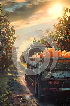Cargo truck carrying bottles with peach juice in an orchard.